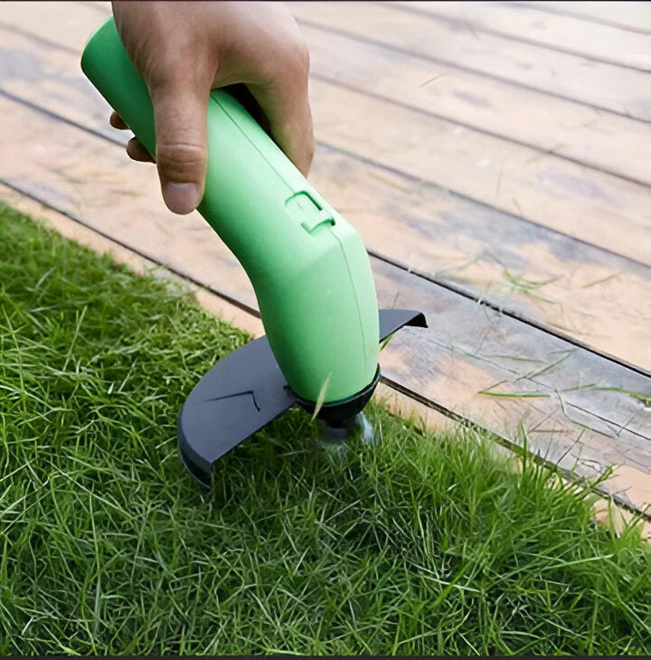 Cordless mini weed trimmer for precise, pristine lawn edges and garden trimming. Portable electric garden tool.
