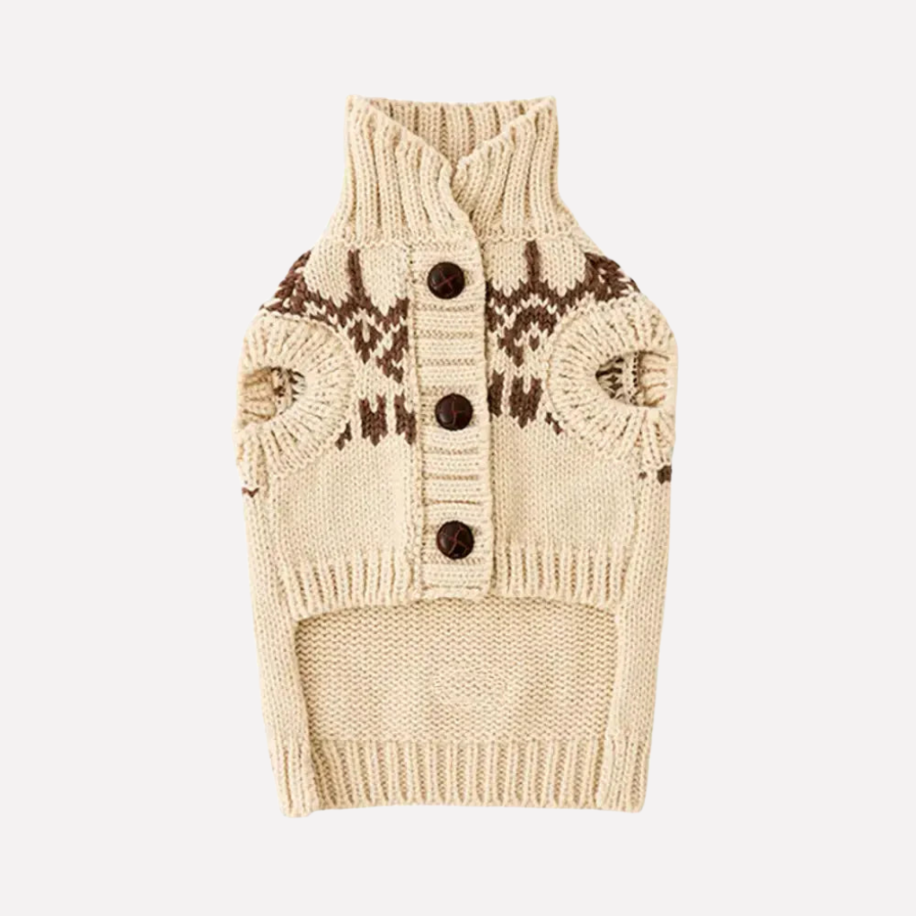 Stylish Fair Isle sleeveless dog sweater in khaki knit, providing cozy pet clothing for dachshunds & long body breeds.