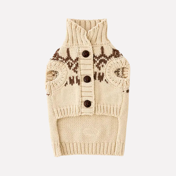 Stylish Fair Isle sleeveless dog sweater in khaki knit, providing cozy pet clothing for dachshunds & long body breeds.