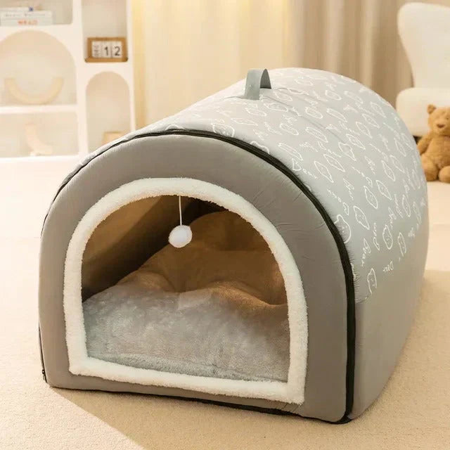 Cozy Pet Cave Bed for cats & small dogs, a soft enclosed pet den for ultimate comfort. Available in brown, gray, green.