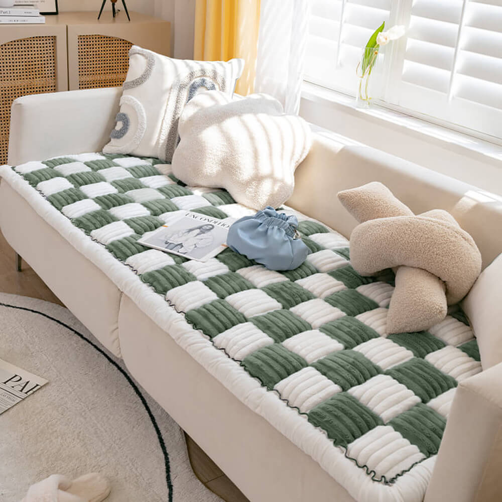 Stylish plaid pet couch cover & mat. Blends pet comfort with modern home decor. Durable and cozy.
