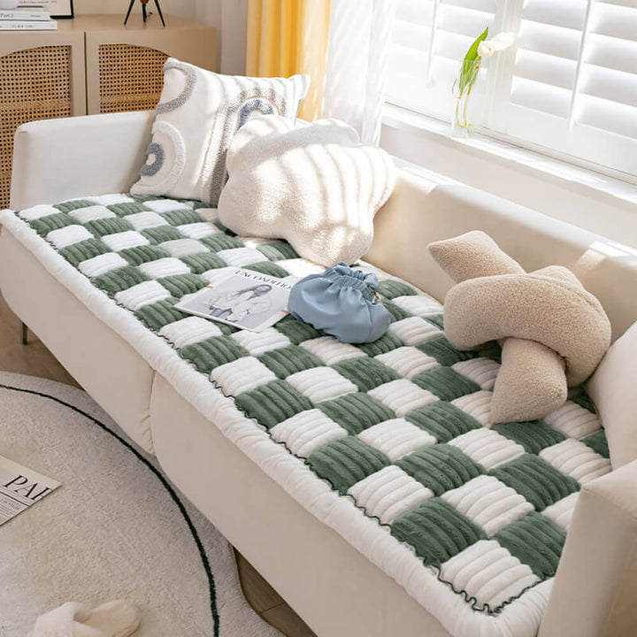 Stylish plaid pet couch cover & mat. Blends pet comfort with modern home decor. Durable and cozy.