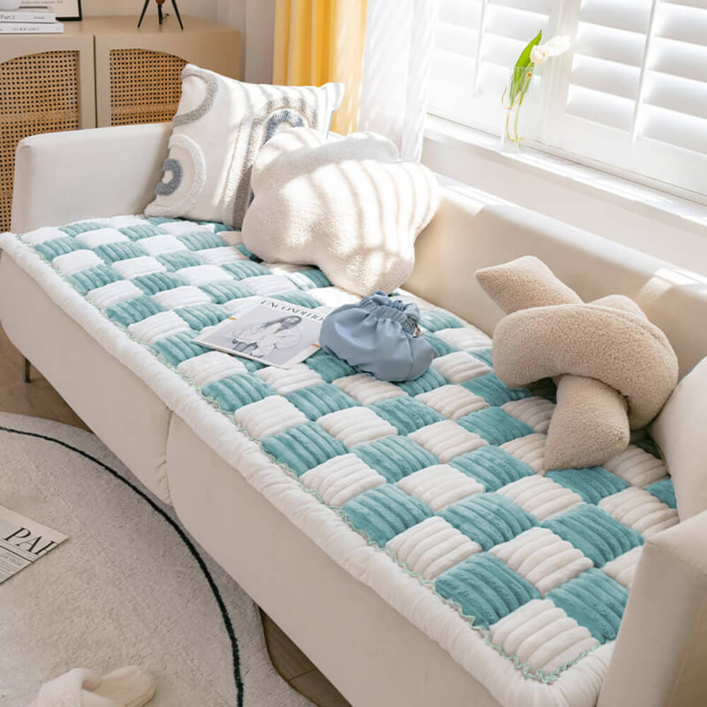 Comfortable plaid dog mat & couch cover in chenille. Cozy spot for dogs while protecting furniture.