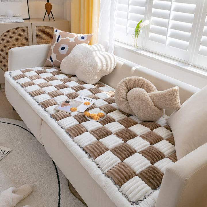 Cozy chenille plaid cat bed & sofa protector. Anti-slip mat for ultimate feline comfort. Washable.