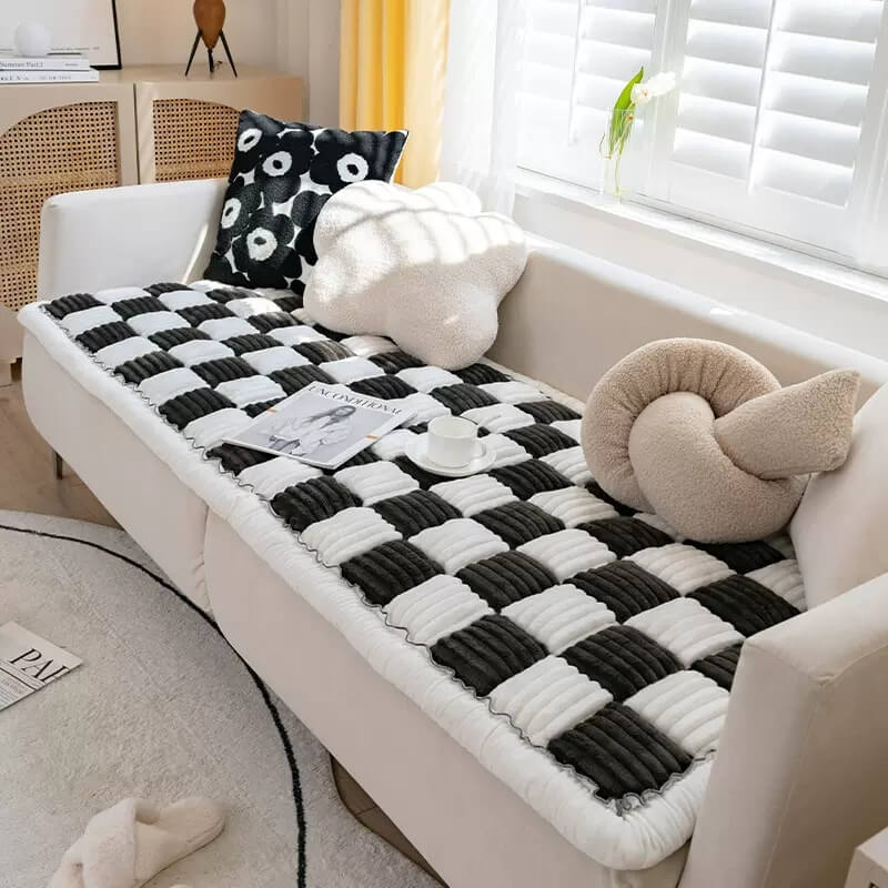 Machine washable plaid pet mat & anti-slip chenille couch cover. Perfect for dog beds & furniture protection.