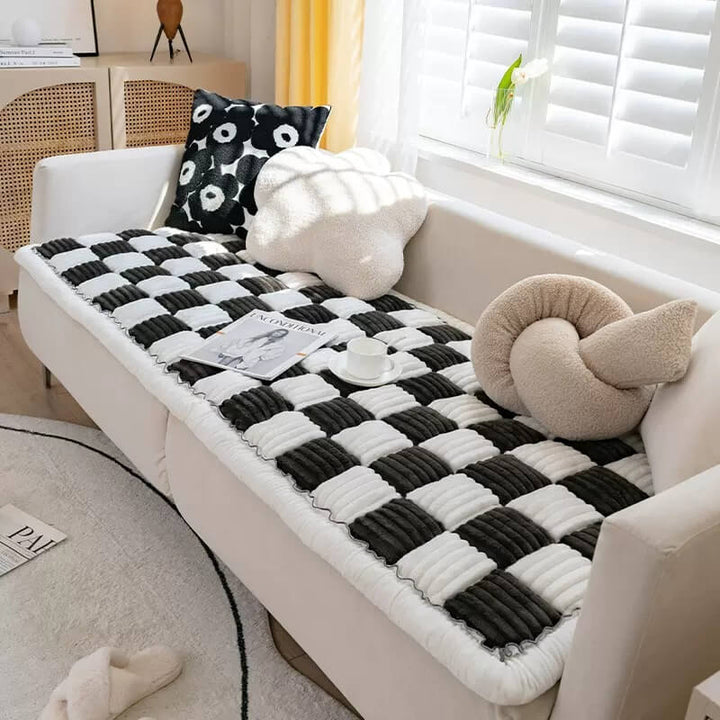 Machine washable plaid pet mat & anti-slip chenille couch cover. Perfect for dog beds & furniture protection.