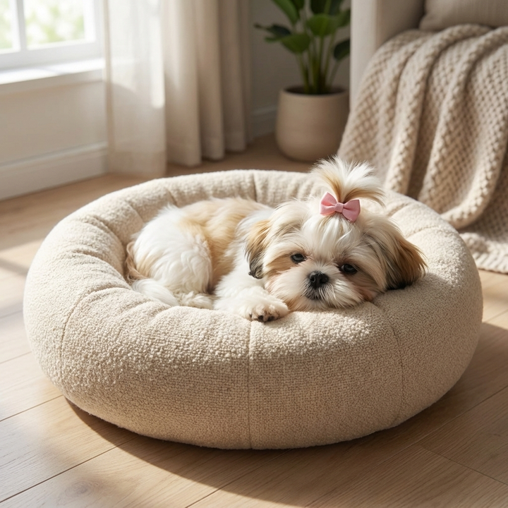 Cozy plush bouclé lounger pet bed for dogs & cats. Soft, comfortable, and washable design for ultimate pet comfort.