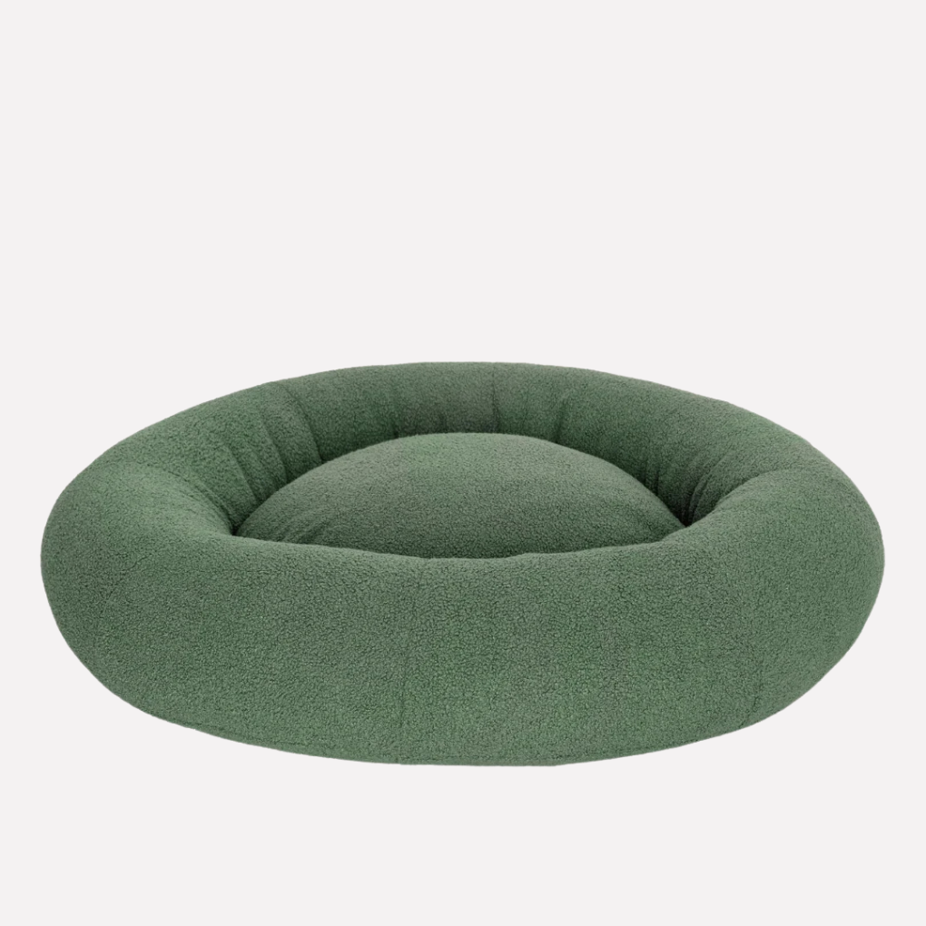 Neutral cream plush bouclé pet lounger bed for dogs & cats. Soft, comfy, and stylish addition to any home decor.