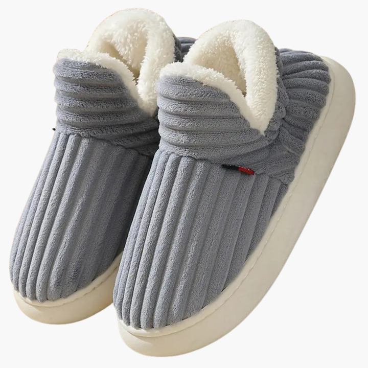 Stylish women's ribbed knit bootie slippers. Soft, warm indoor shoes for cozy loungewear & home relaxation.