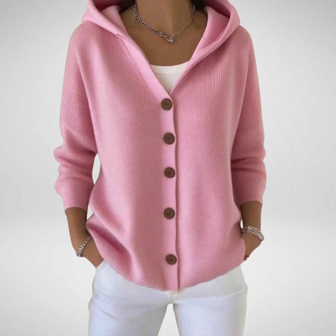 Cozy women's hooded button-up cardigan. Perfect versatile layering piece for fall & winter outfits.