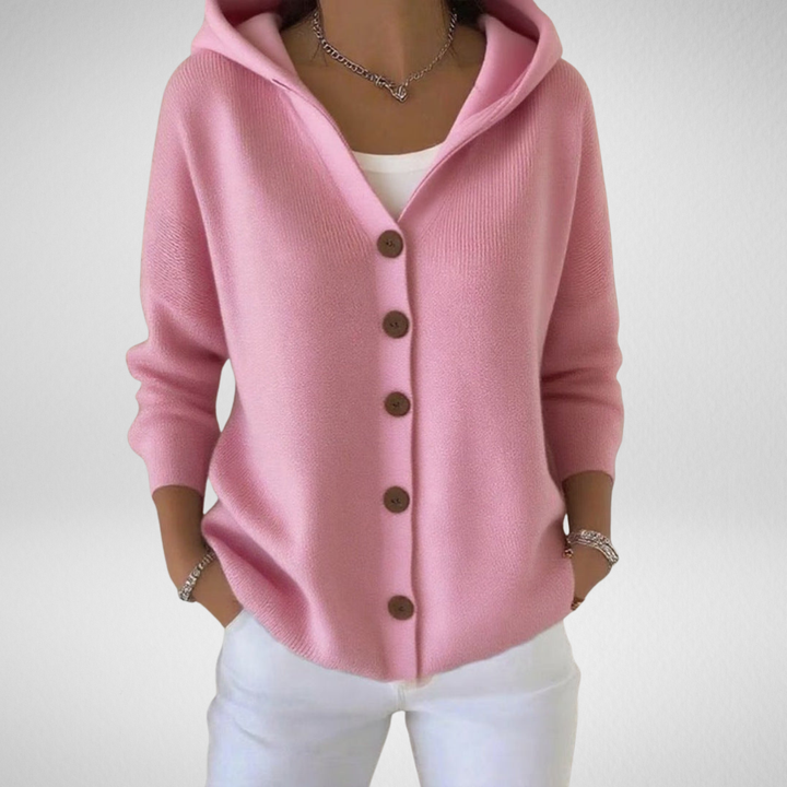 Cozy women's hooded button-up cardigan. Perfect versatile layering piece for fall & winter outfits.