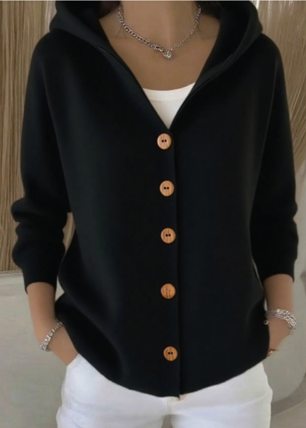 Chic women's hooded button-up cardigan. Versatile layering piece for fall, winter, & spring casual wear.