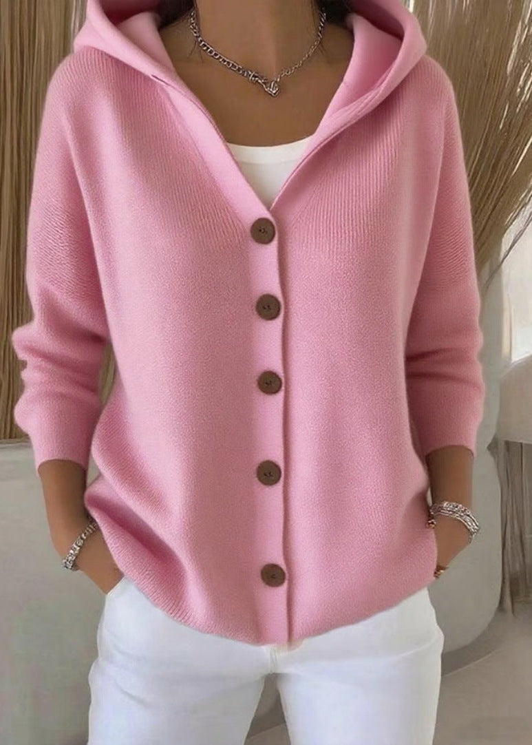 Women's button-up hooded cardigan with front pockets. Great for casual wear and everyday comfort.