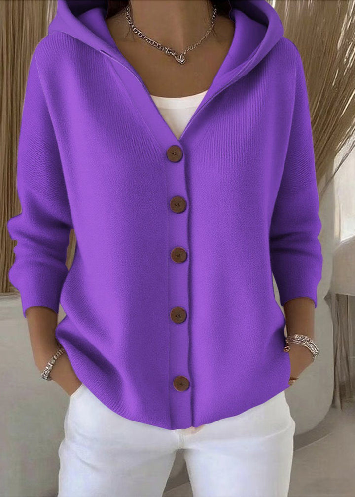 Casual women's long-sleeve hooded button-up cardigan. Perfect cozy top for chilly days & everyday style.