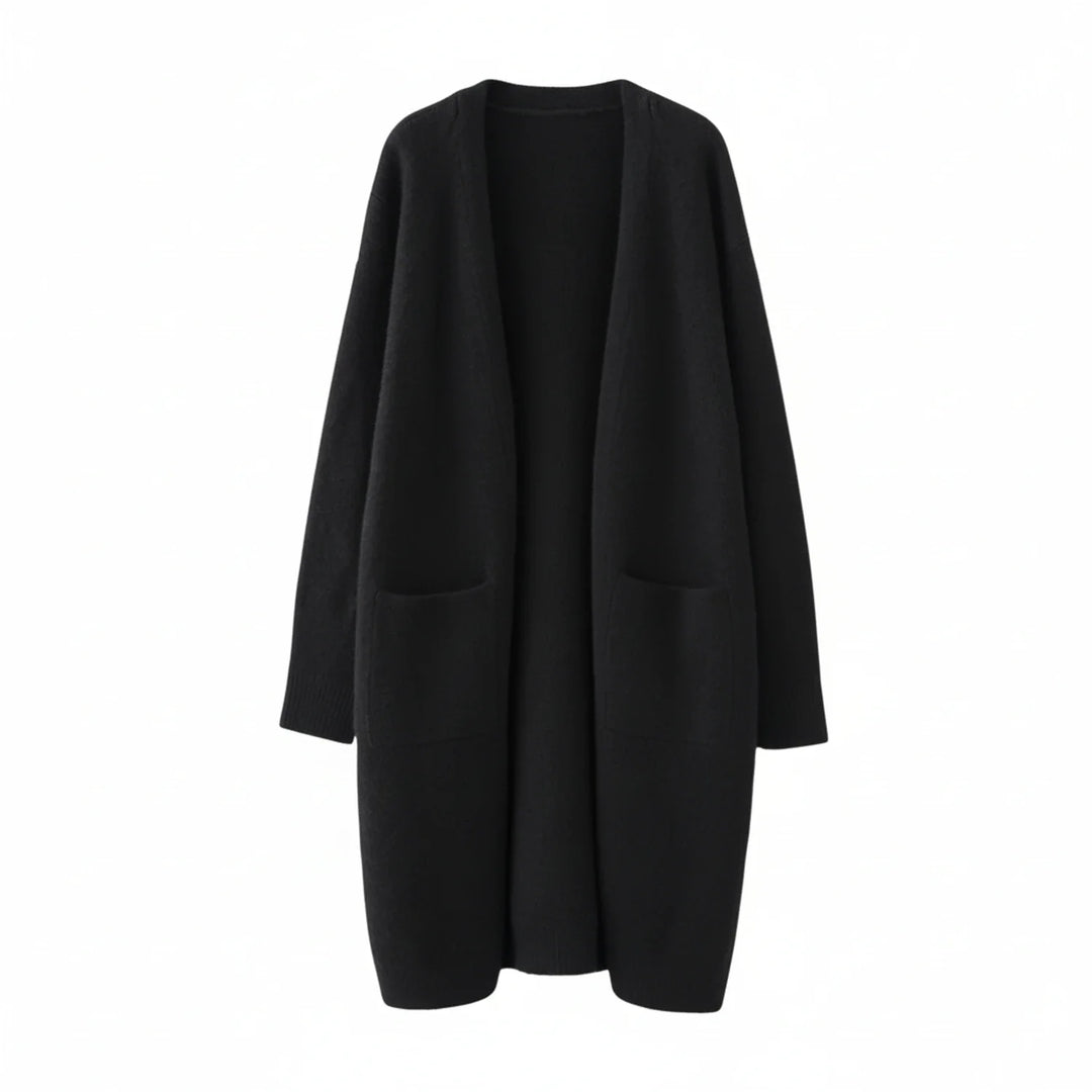 Cozy women's long open front cardigan in a soft knit, perfect for stylish fall and winter layering.