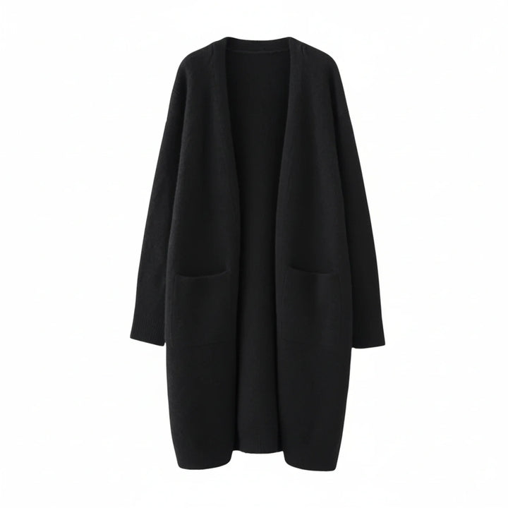 Cozy women's long open front cardigan in a soft knit, perfect for stylish fall and winter layering.