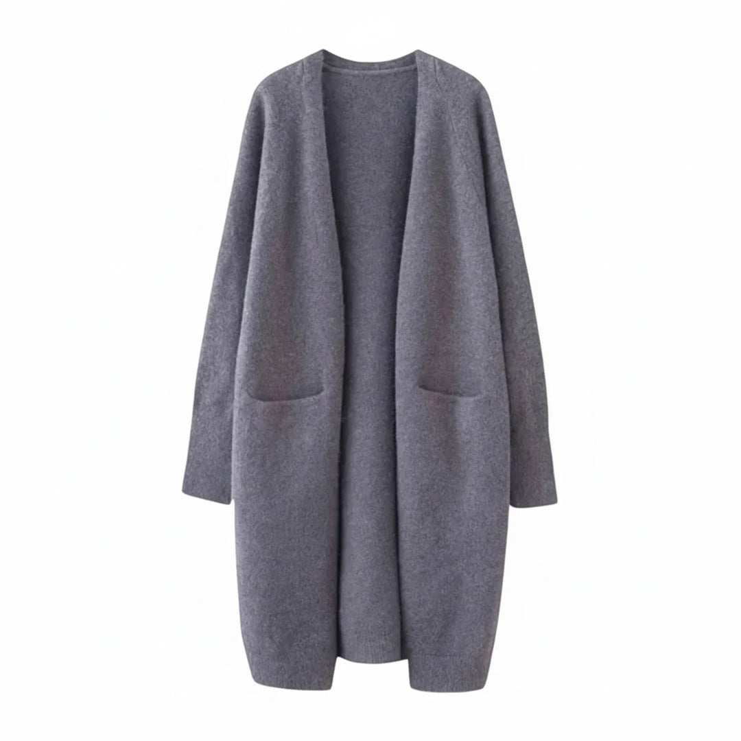 Warm women's long knit cardigan with an open front, ideal cozy outerwear for fall and winter fashion.