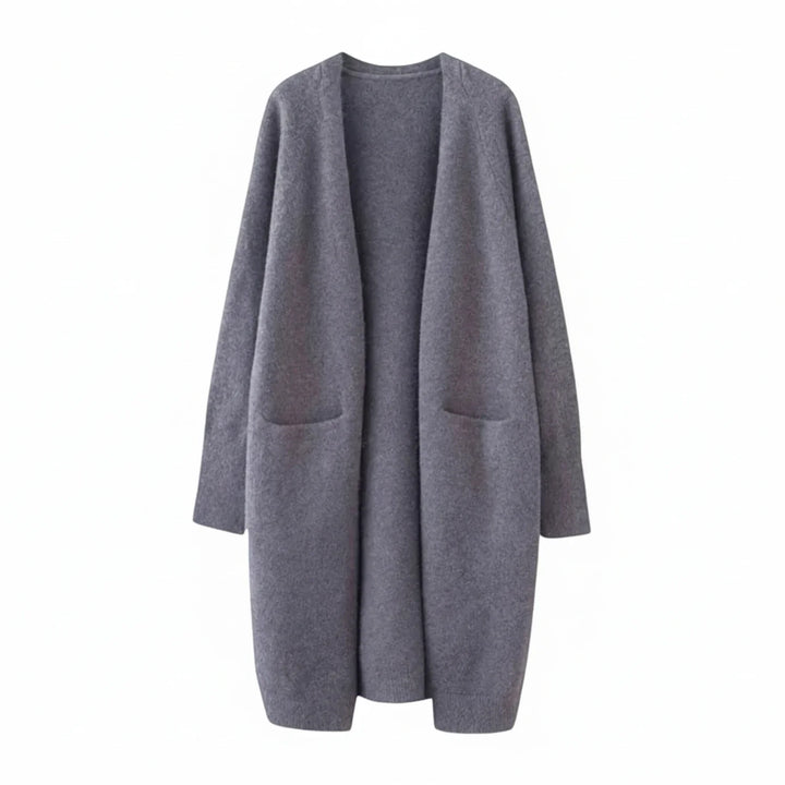 Warm women's long knit cardigan with an open front, ideal cozy outerwear for fall and winter fashion.