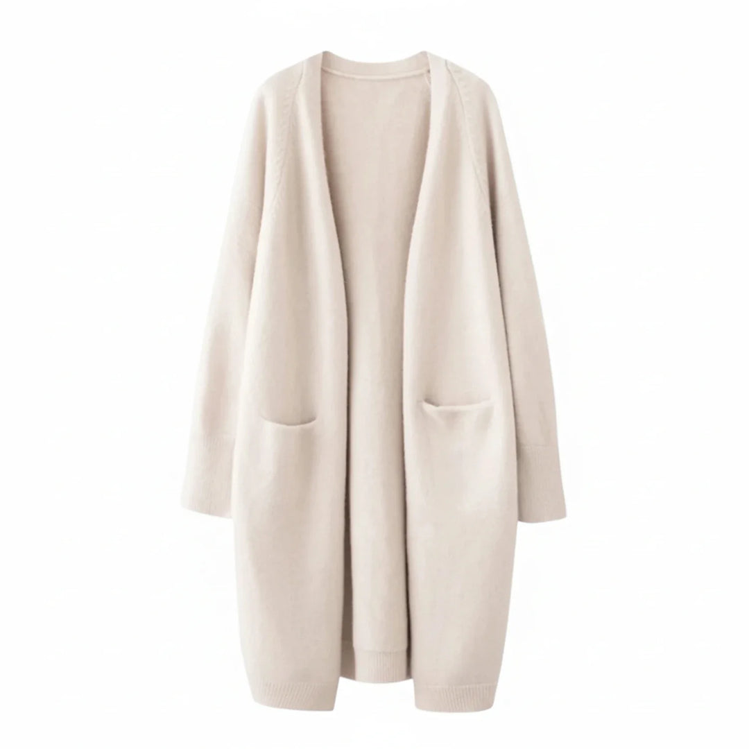 Effortless women's long open front cardigan, a cozy knit layering piece for versatile fall & winter style.