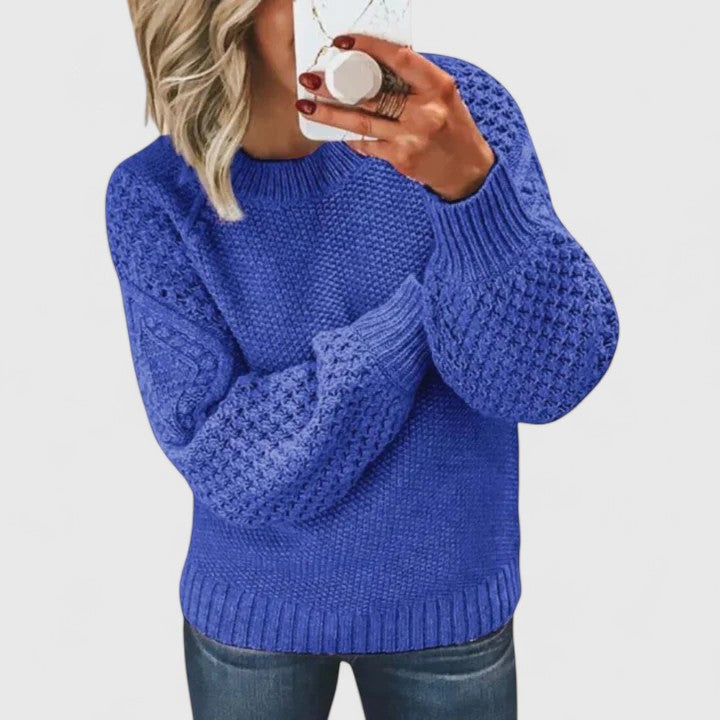 Cozy women's textured puff sleeve sweater with mock neck for elegant fall & winter style. Warm, versatile pullover.