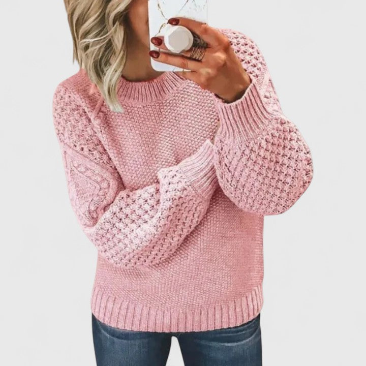 Warm women's long sleeve textured sweater with puff sleeves & mock neck. Perfect cozy pullover for fall & winter fashion.