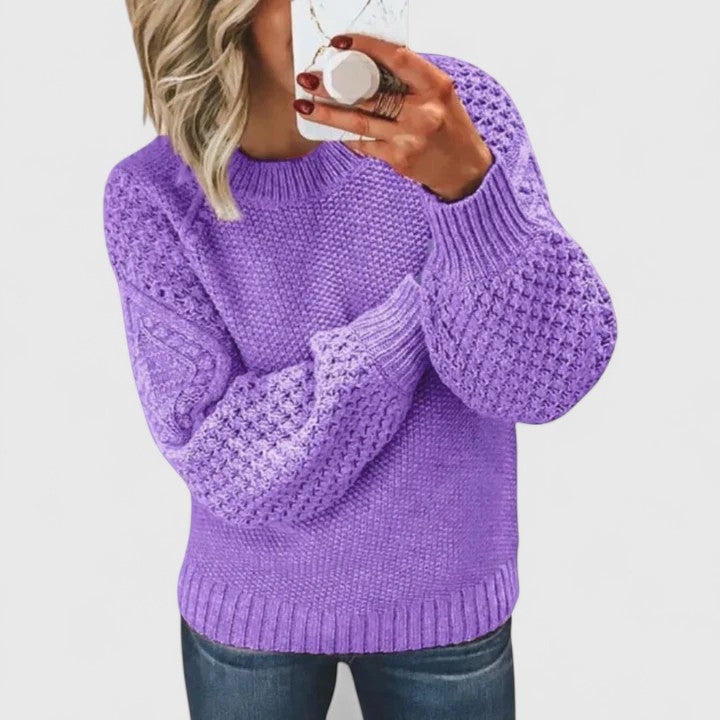 Elegant women's textured puff sleeve sweater with a cozy mock neck. Versatile long sleeve pullover for casual chic style.