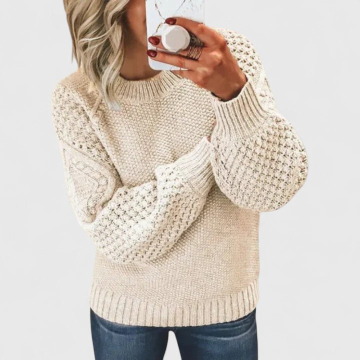 Soft, cozy women's textured sweater with romantic puff sleeves & mock neck. Ideal long sleeve pullover for everyday wear.