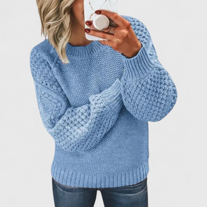 Women's warm textured puff sleeve sweater with mock neck. A cozy, elegant long sleeve pullover for fall and winter fashion.