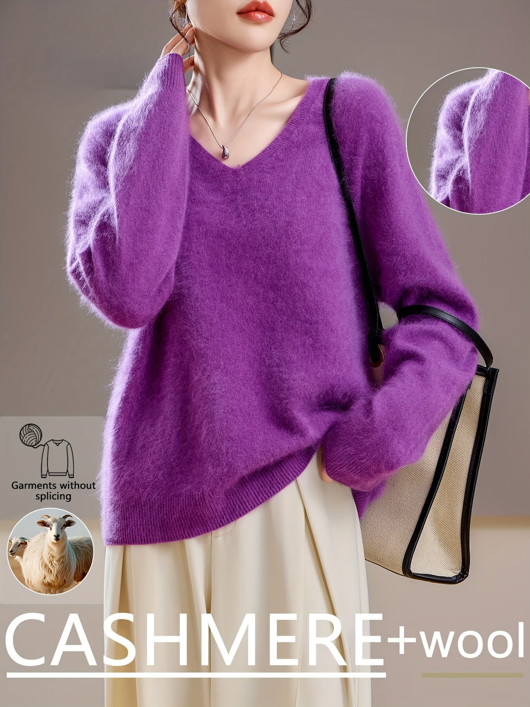 Stylish oversized V-neck sweater for women, a cozy and relaxed autumn fashion piece.