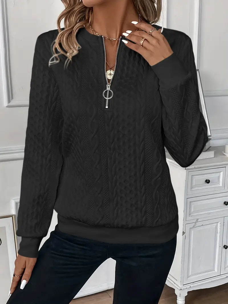 Model wearing a stylish women's cozy zippered sweater, ideal for casual everyday comfort.