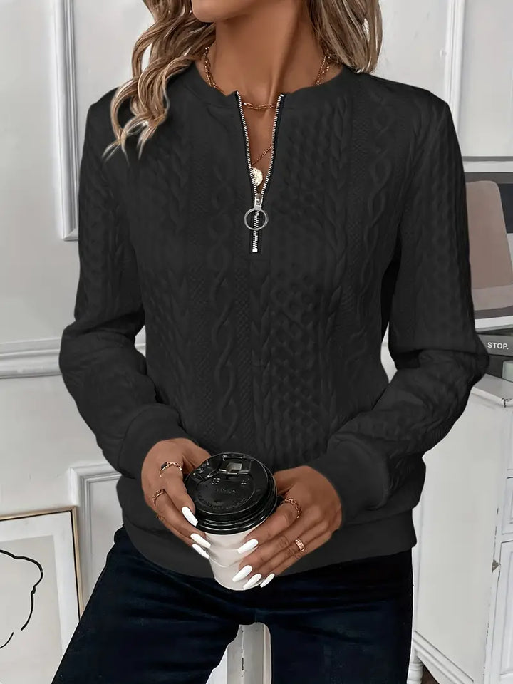 Detail of the high-quality zipper on a women's cozy long sleeve knit sweater.