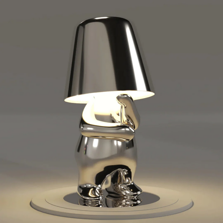 Creative dimmable table lamp, touch control, wireless, rechargeable, unique resin design.