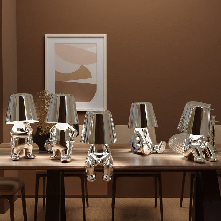 Wireless rechargeable table lamp, touch control dimming, portable for versatile use.