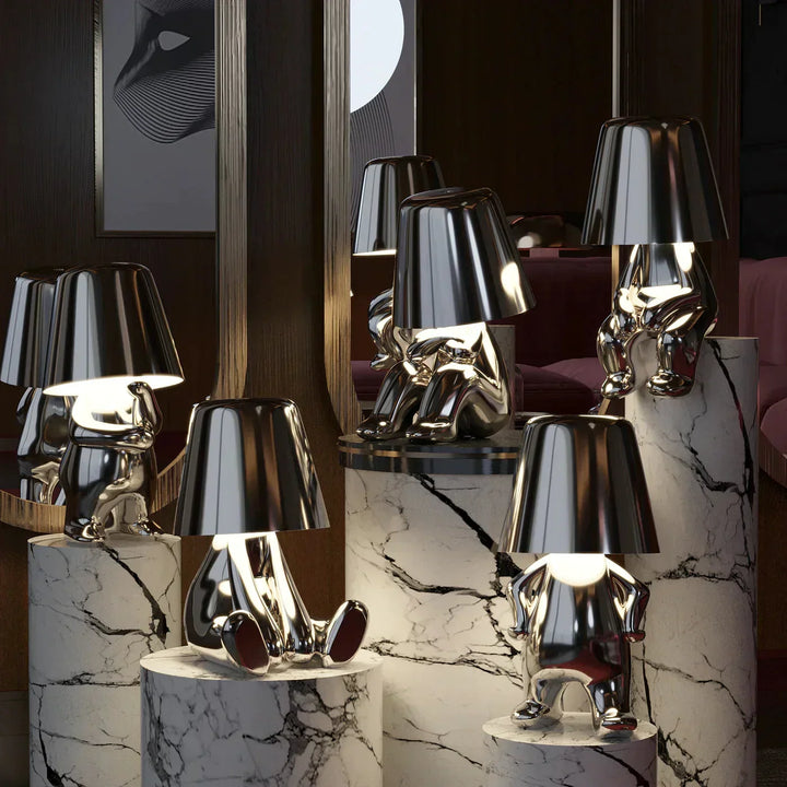 Unique resin table lamp, dimmable LED with touch control, decorative and playful design.