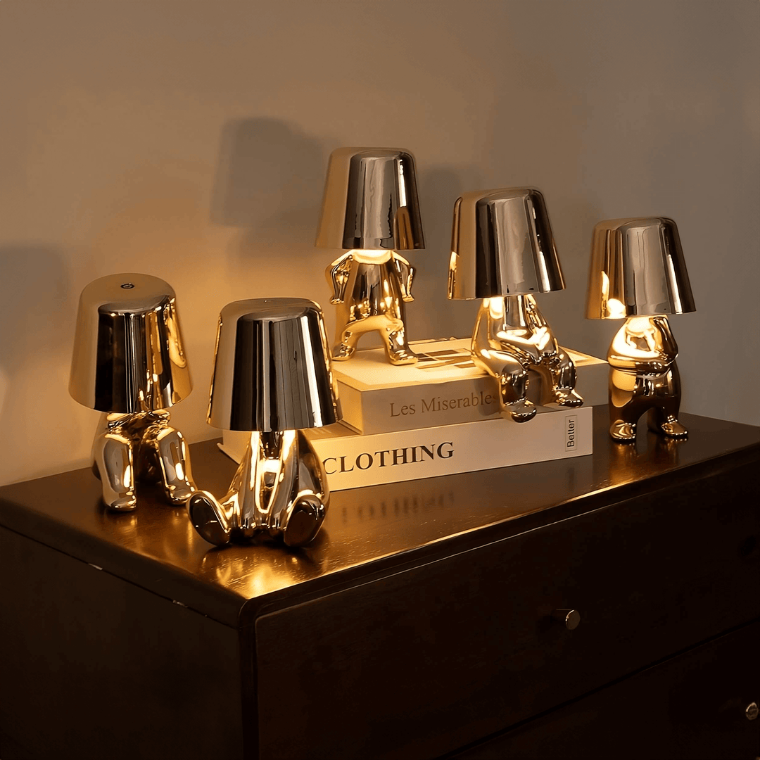 Portable rechargeable table lamp with touch dimming, unique design for flexible placement.