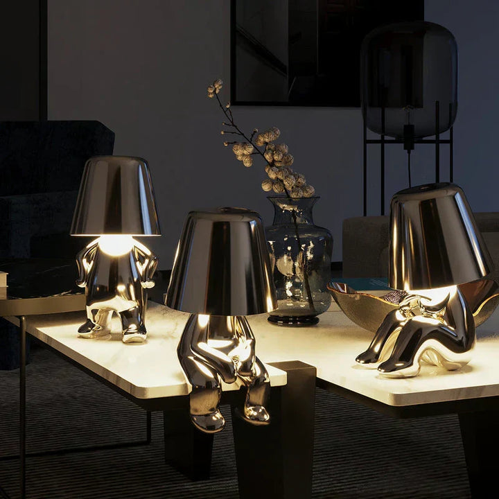 Decorative wireless table lamp, unique resin design with touch dimming feature.