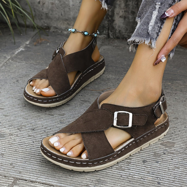 Coffee cushioned platform sandals for women, ideal for all-day comfort & summer wear.