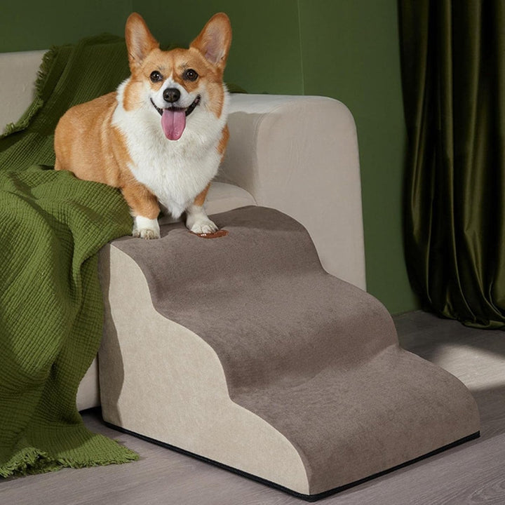 Cushioned dog stairs for elderly dogs, providing soft joint support and safe, easy pet access to furniture.
