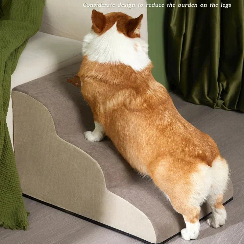 Joint support dog ramp: Cushioned pet stairs aiding easy access for older dogs and pets recovering from injury.