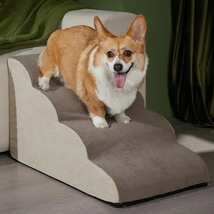 Durable pet steps with plush cushioning for joint support, suitable for elderly dogs and small pets.