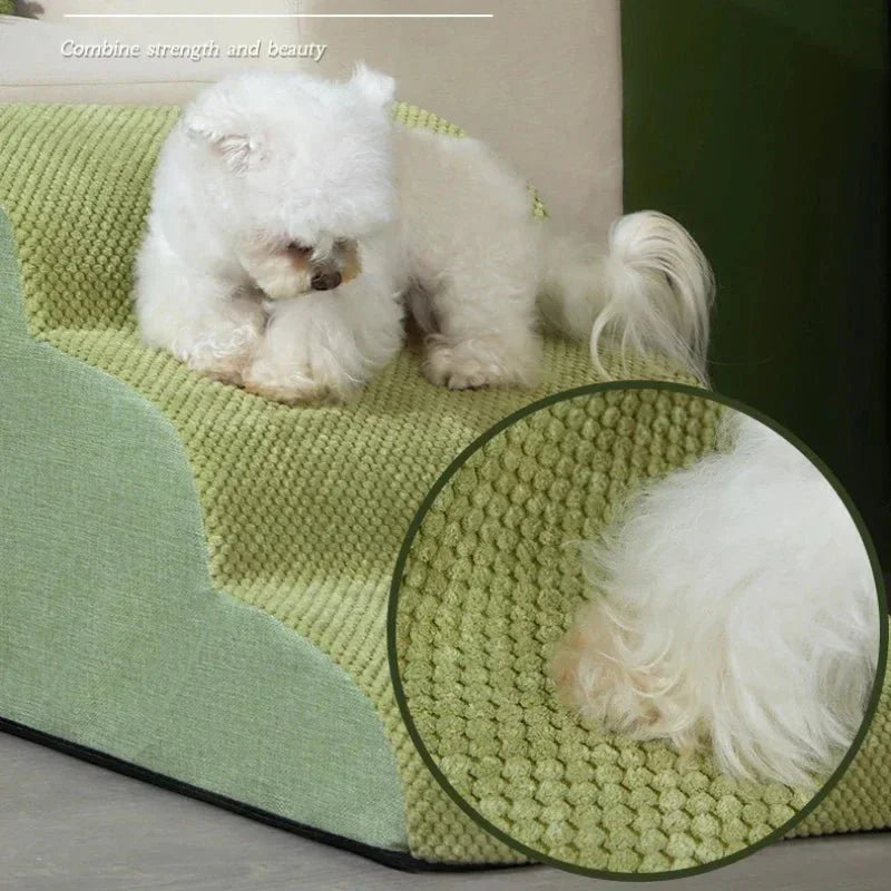 Modern pet furniture: Cushioned dog stairs for easy pet access & joint support in any home setting.