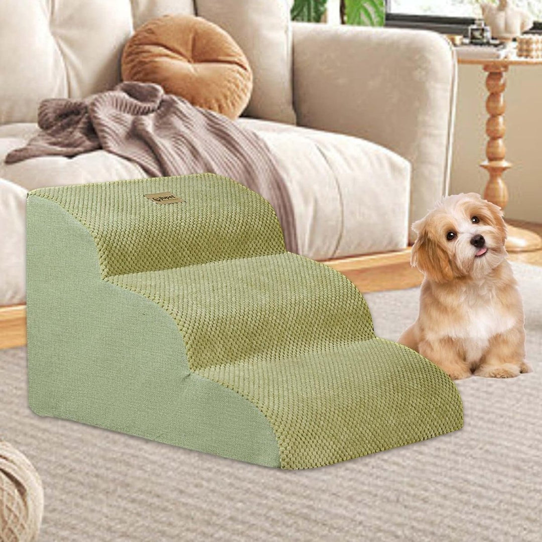 Soft pet stairs with non-slip base, designed for joint support and safe access for small, elderly dogs.