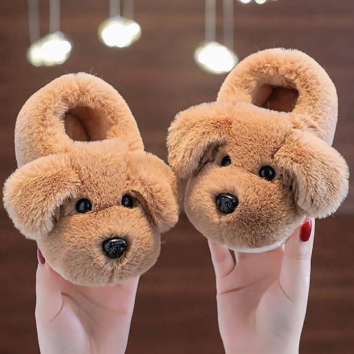 Cute puppy slippers for kids, offering cozy comfort and non-slip safety for indoor and outdoor wear.