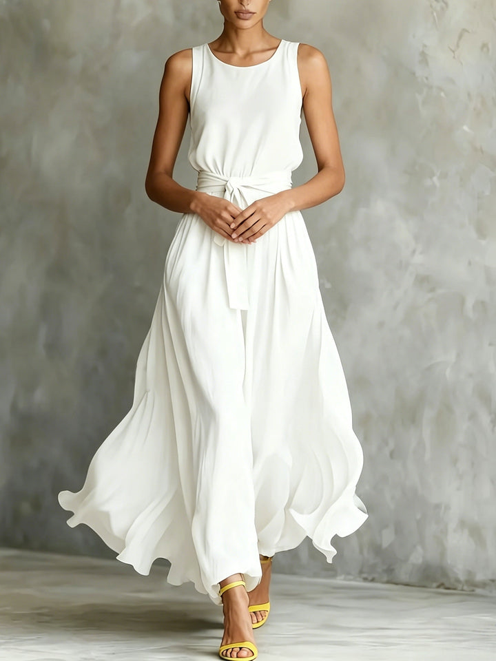 Elegant women's white sleeveless A-line maxi dress with a flattering belt, perfect for summer casual or elegant events.