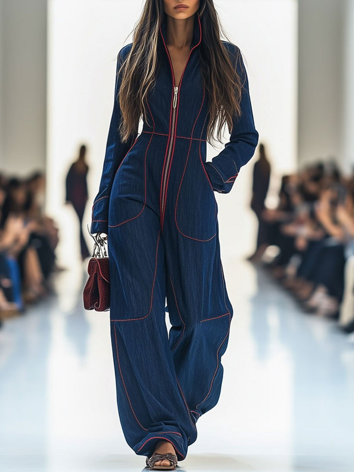 Dark blue wide leg women's jumpsuit with long sleeves and zip front for stylish, comfortable wear.