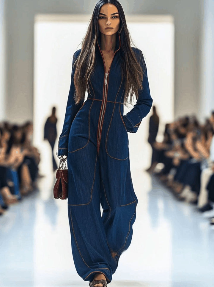 Elegant women's dark blue wide leg jumpsuit, long sleeve design, perfect for smart casual occasions.