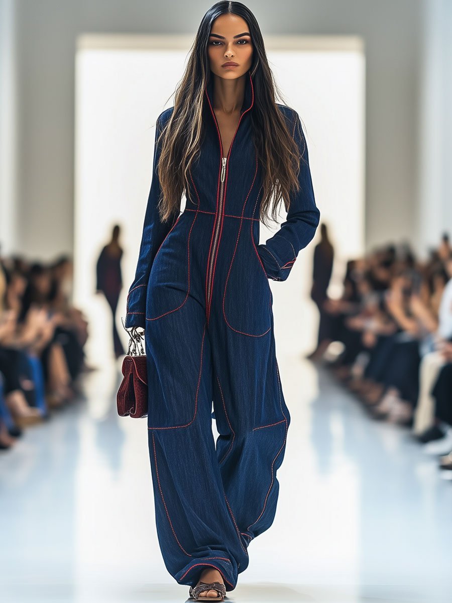 Fashionable dark blue long sleeve wide leg jumpsuit for women, featuring a convenient zip front closure.