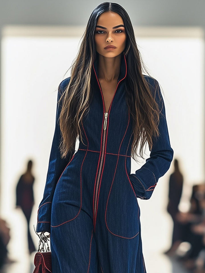 Comfortable dark blue wide leg jumpsuit for women, with long sleeves and a stylish front zip, ideal for weekend.