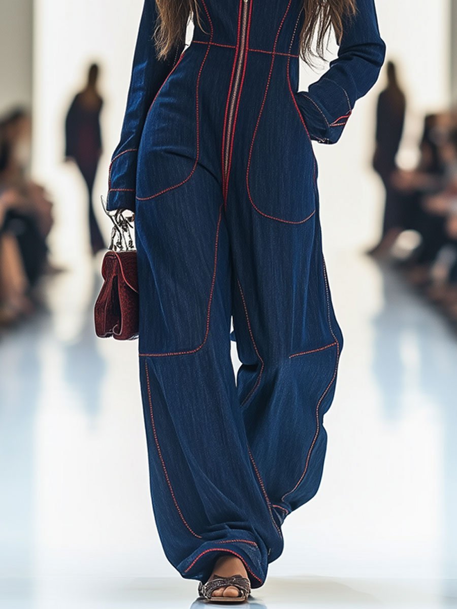 Women's dark blue wide leg long sleeve jumpsuit, a versatile piece for brunch, casual or smart casual outfits.