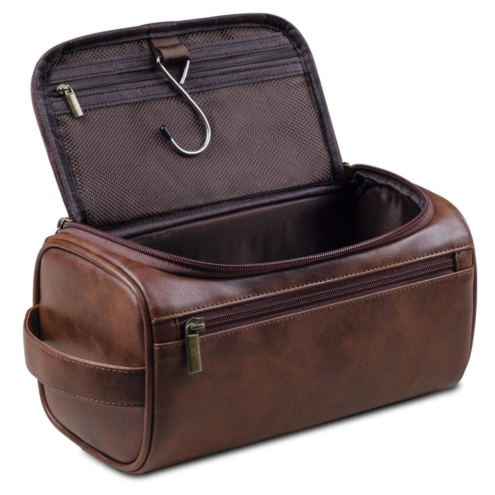 Dark brown men's luxury travel toiletry bag with waterproof lining. Ideal dopp kit for organizing grooming essentials.